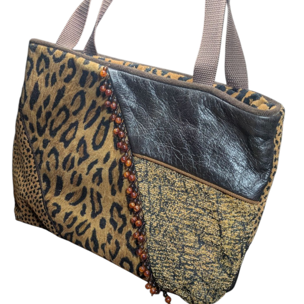 Multi Animal Print /Leather Tote/Purse - 15 x 10 x 3 - Decorative Beads